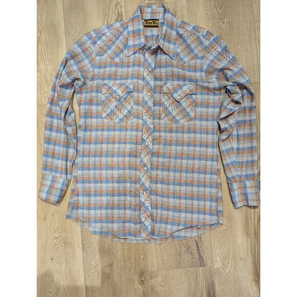 Tem-Tex Other - Vintage 70s Tem Tex Pearl Snap Western Shirt Mens M Plaid Check Cowboy Sawtooth